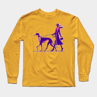 Lady Walking Greyhound Dog Retro Long Sleeve T-Shirt